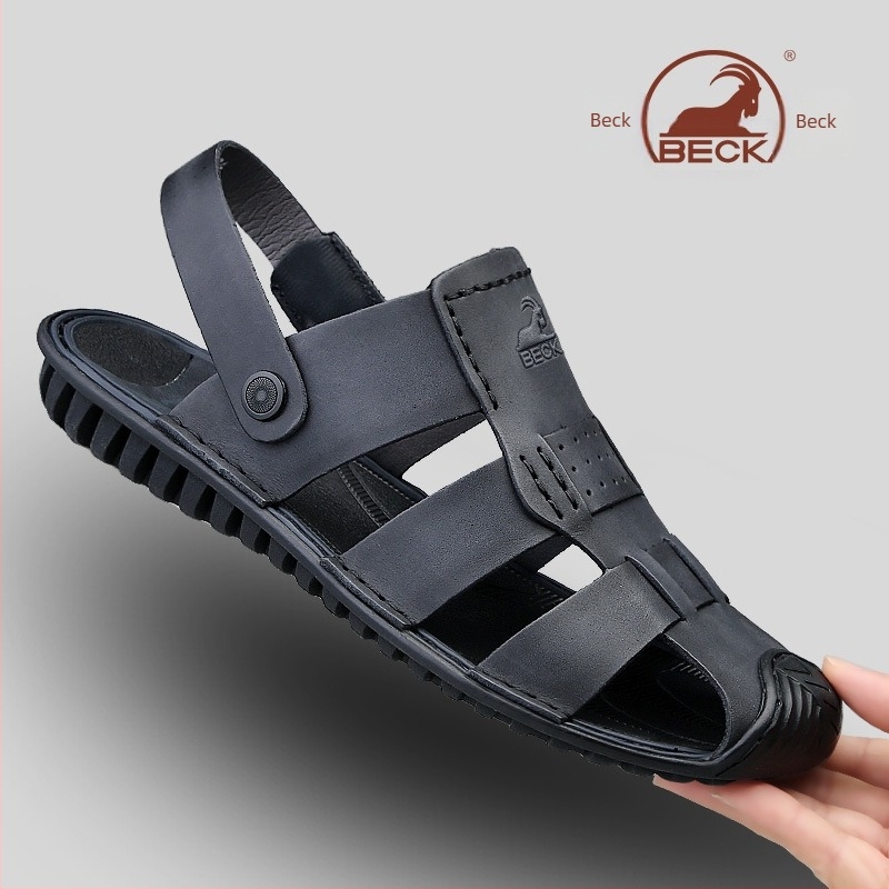 Férfi szandálok — felső rész top-grain marhabőrből, kerek orr, slip-on, lélegző, anti-slip gumitalp