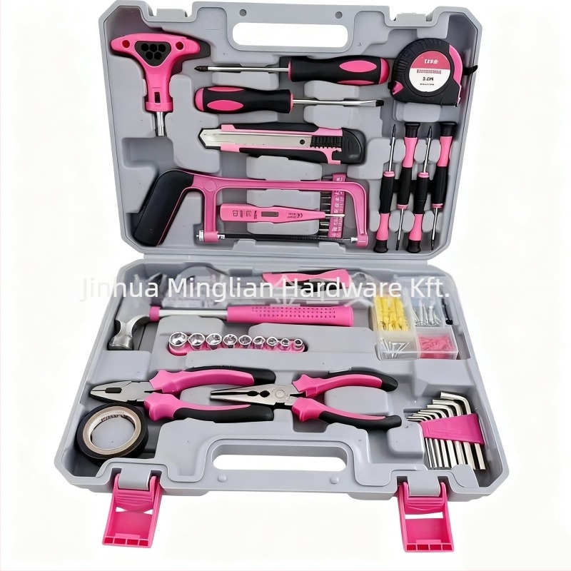 108 darabos szénacélból készült többfunkciós szerszámkészlet — kalapács, kulcs és fogó, otthoni használatra