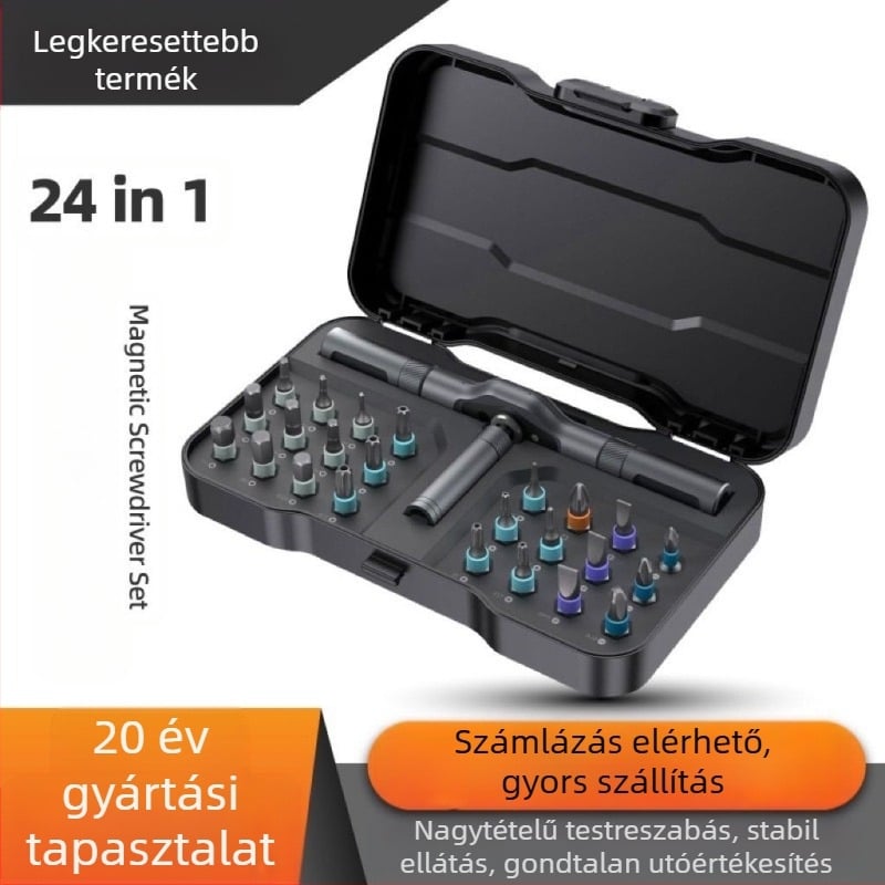 24-1 Ratchet csavarhúzó készlet háztartási használatra, S2 eszköz acél bites, mágneses és izolált, Cross/Slotted/Torx/Hex