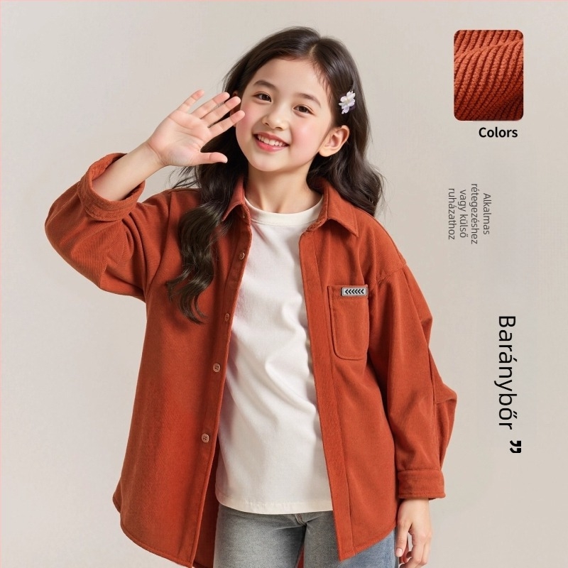 Lányok Corduroy ing, hosszú ujjú, Turn-down gallér, poliészter szövet, koreai stílus, tavasz-ősz