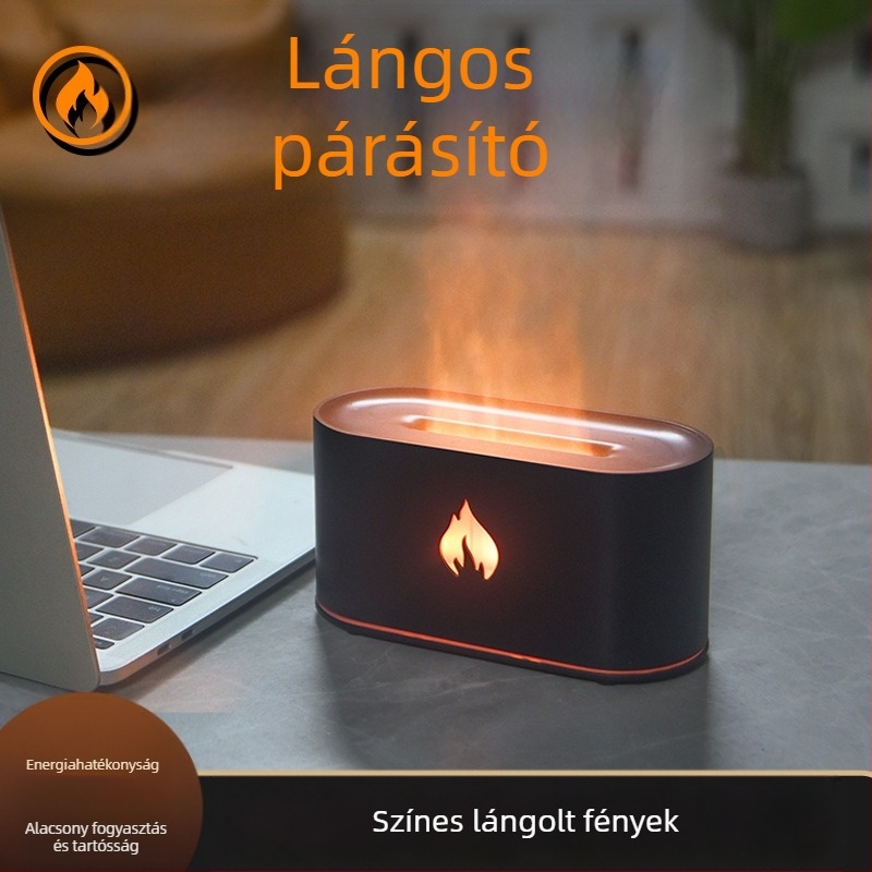 Hét színű láng aromaterápiás diffúzor és párásító, USB asztali, ultrahangos, 1.0–2.5 L tartály, 21–30 m² lefedettség