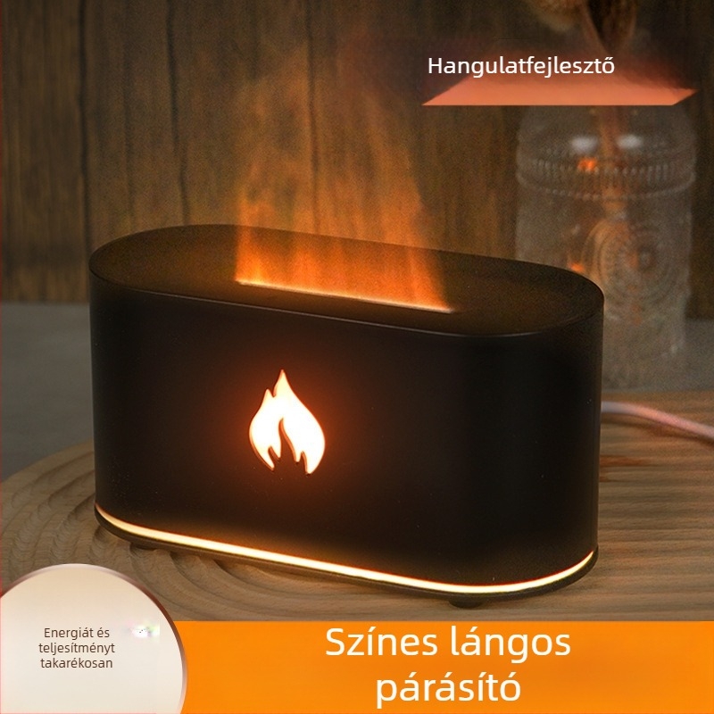 Hét színű láng aromaterápiás diffúzor és párásító, USB asztali, ultrahangos, 1.0–2.5 L tartály, 21–30 m² lefedettség