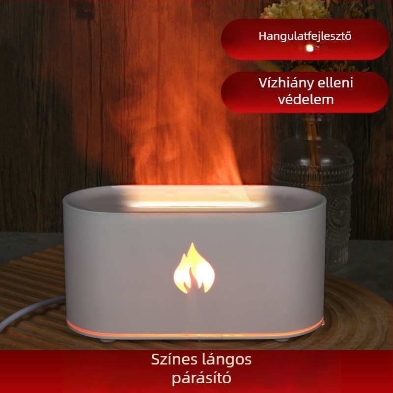 Hét színű láng aromaterápiás diffúzor és párásító, USB asztali, ultrahangos, 1.0–2.5 L tartály, 21–30 m² lefedettség
