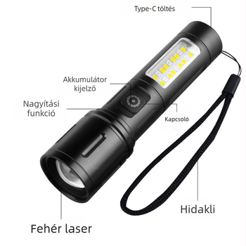 Hordozható LED zseblámpa (alumíniumötvözet; 1200 mAh akkumulátor; 20 W teljesítmény; LED fényforrás; hatótávolság 200–500 m)