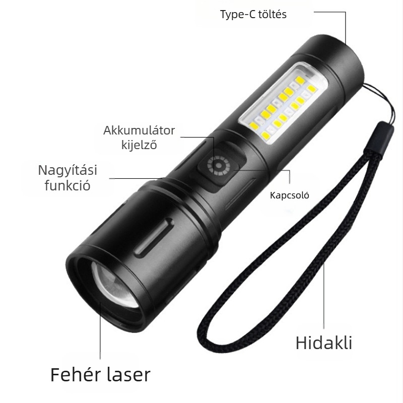 Hordozható LED zseblámpa (alumíniumötvözet; 1200 mAh akkumulátor; 20 W teljesítmény; LED fényforrás; hatótávolság 200–500 m)