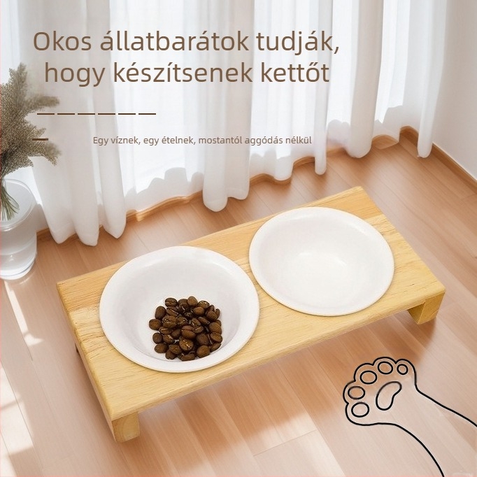 Fából készült tálállvány macskáknak és kutyáknak, univerzális etetőállvány, anti-tipp funkció, nyaki magasság növelő dizájn