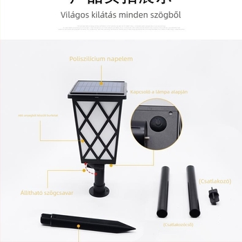 Napelemes LED lámpa kertbe láng alakban – Modell N260, IP55, DC5V 1W napelemes panel, 6-12 órás üzemidő, Kapcsoló: kézi + fényérzékelő