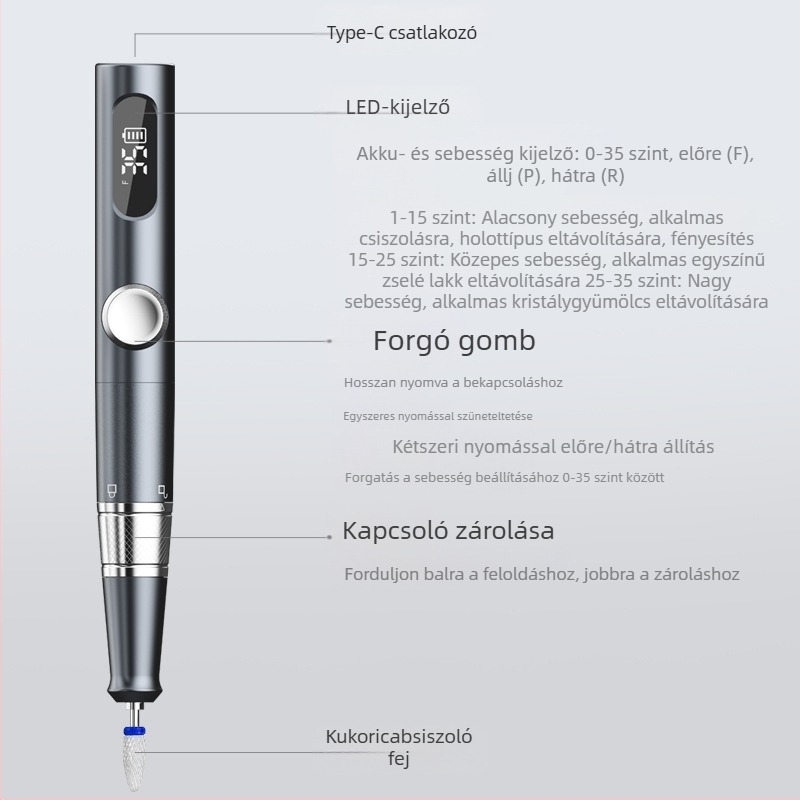 Köröm polírozó TMS-025 | Műanyag ház, 136 g tömeg, Tartozékok: főegység, csiszolófej, töltőkábel, felhasználói útmutató