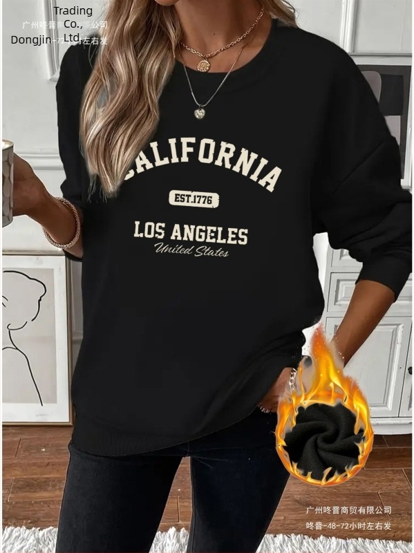 Női Kalifornia-mintás fleeces pulóver, egyedi minta, laza szabás, kerek nyak, poliészter