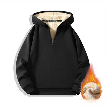 Férfi kapucnis pulóver fél-záras cipzárral és fleece-béléssel, hosszú ujjú, egyszínű, japán retro stílus