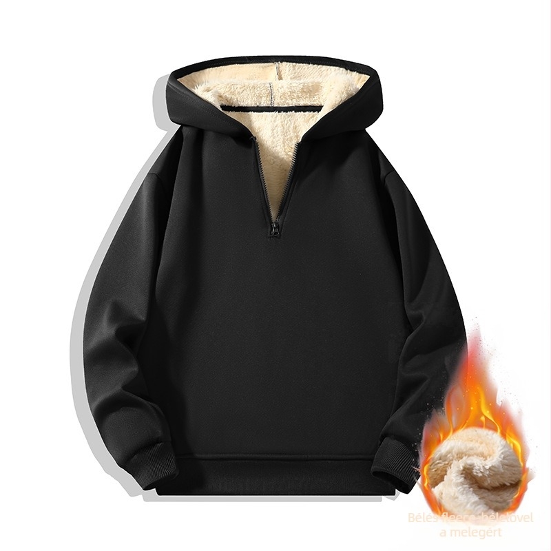 Férfi kapucnis pulóver fél-záras cipzárral és fleece-béléssel, hosszú ujjú, egyszínű, japán retro stílus