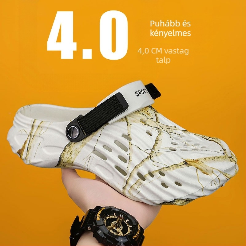 Férfi slip-on strandpapucs, lélegző EVA felsőrész, kerek orr, Toe Cap, 4 cm vastag talp