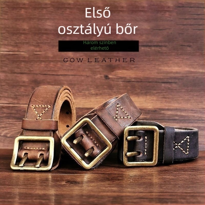 Első osztályú marhabőrből készült öv, vintage kopott felülettel, mosott casual stílus, dupla soros pin csat, vékony (<2 cm)