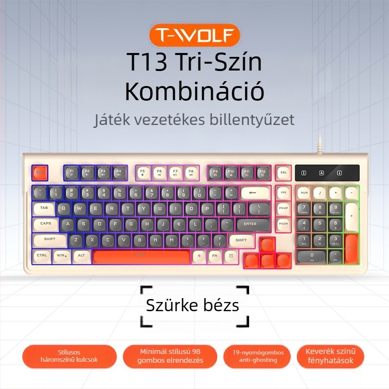 Gamer billentyűzet, kábeles, 98+ gomb, membrános, RGB háttérvilágítás