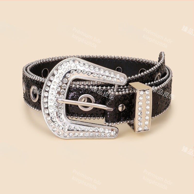 Női deréköv strasszokkal, PU bőr, tűs csattal, szélesség 2-4 cm, INS stílus