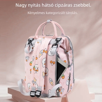 Nagy kapacitású mamá-baba hátizsák, szigetelt cumisüveg tartóval, Oxford anyagból, animált nyuszis mintával, könnyű, légpárnás vállpántok