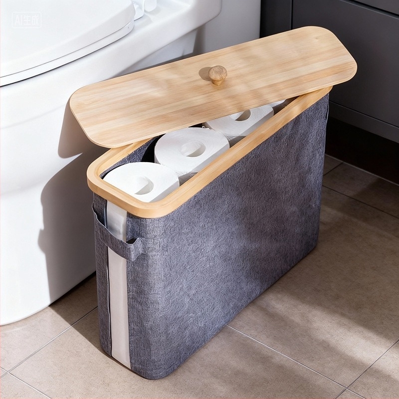 Modern Minimalista Papírzsebkendő Tekercs Tároló Kosár Fedővel – Anyag: Nanzhu Bamboo + Oxford Cloth, Összecsukható, 24L