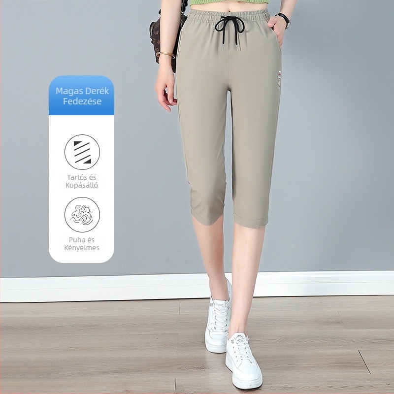 Női Capri nadrág, magas derekú, egyenes szabás, könnyű poliészter (95%+), mindennapi/sportos