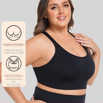 Női sportmelltartó drót nélküli, lélegző, seamless, hátsó tartással; alapréteg edzéshez; külső anyag nylon/poliamid, bélés spandex; kosár típus háromszög; fix nyakpántok; hátul négy sor kapocs