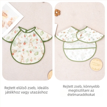 Vízálló etetőbib gyerekeknek zsebbel és karikatúra mintával, poliészter anyag, 1–3 éveseknek