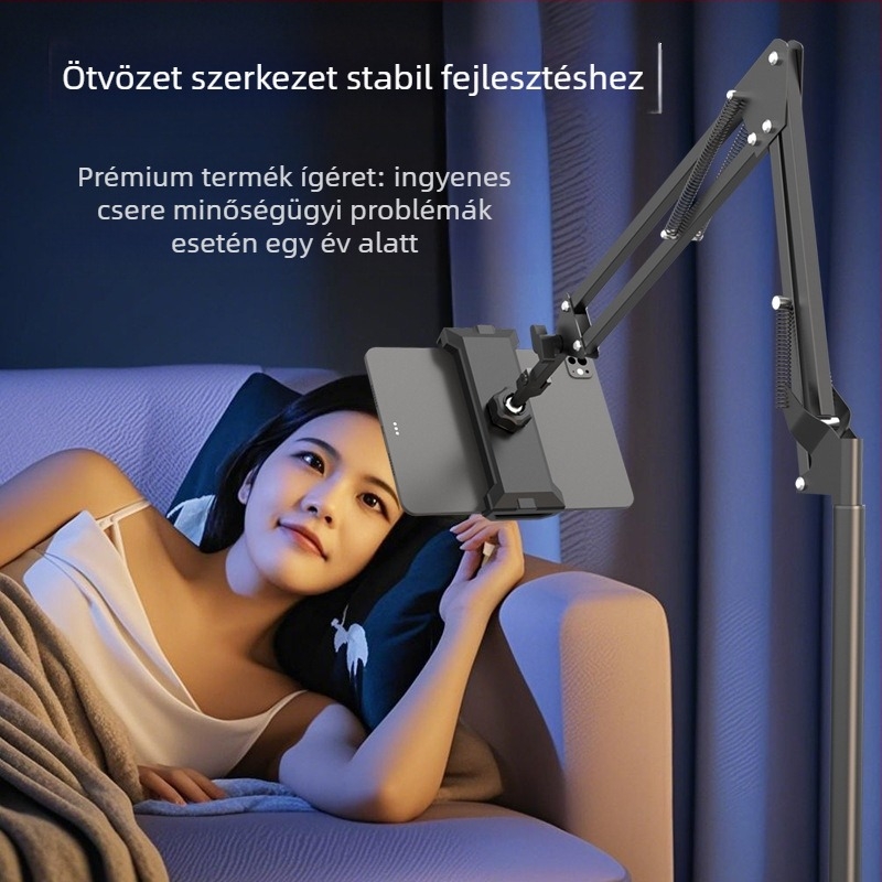 Padlóra álló telefon- és tablettatartó teleszkópos karral, ötvözetből készült, ágy melletti streaminghez