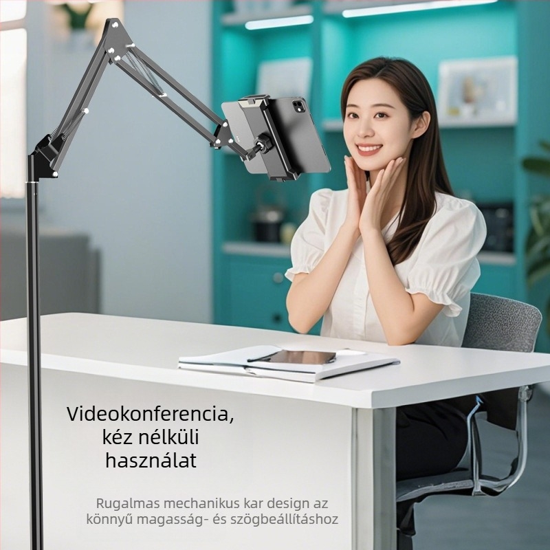 Padlóra álló telefon- és tablettatartó teleszkópos karral, ötvözetből készült, ágy melletti streaminghez