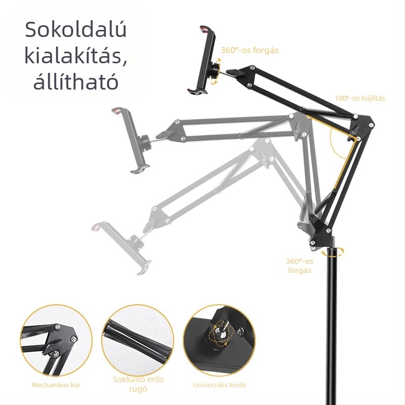 Padlóra álló telefon- és tablettatartó teleszkópos karral, ötvözetből készült, ágy melletti streaminghez