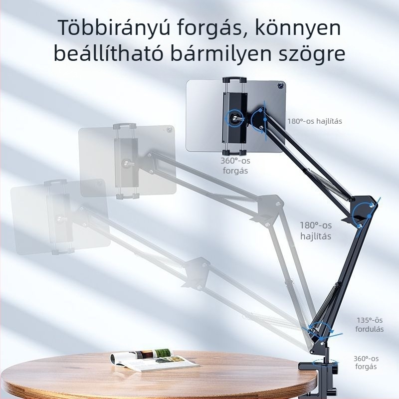 Padlóra álló telefon- és tablettatartó teleszkópos karral, ötvözetből készült, ágy melletti streaminghez