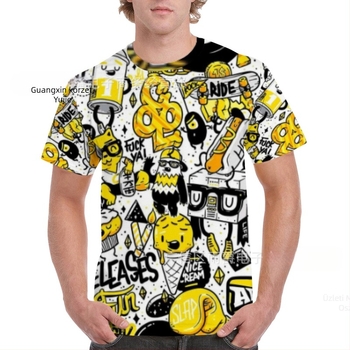 Férfi rövid ujjú Raglan póló, laza szabású, kerek nyakú, 3D graffiti nyomás, tej-selyem hatású poliészter anyag