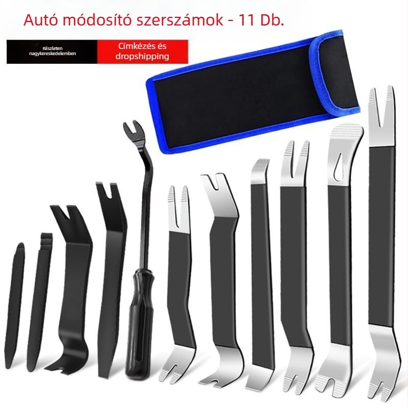 Autó belső panel demontáló eszközök (11 részes készlet) – No. 45 acél + PP anyag, audio-módosításokhoz és klipsz eltávolításához