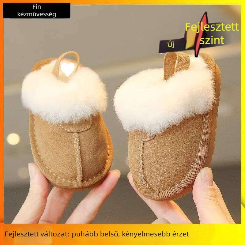 Fleece bevonatú gyerek papucs, slip-on, meleg, csúszásmentes, felső része szintetikus bőrrel (12–36 hónap)