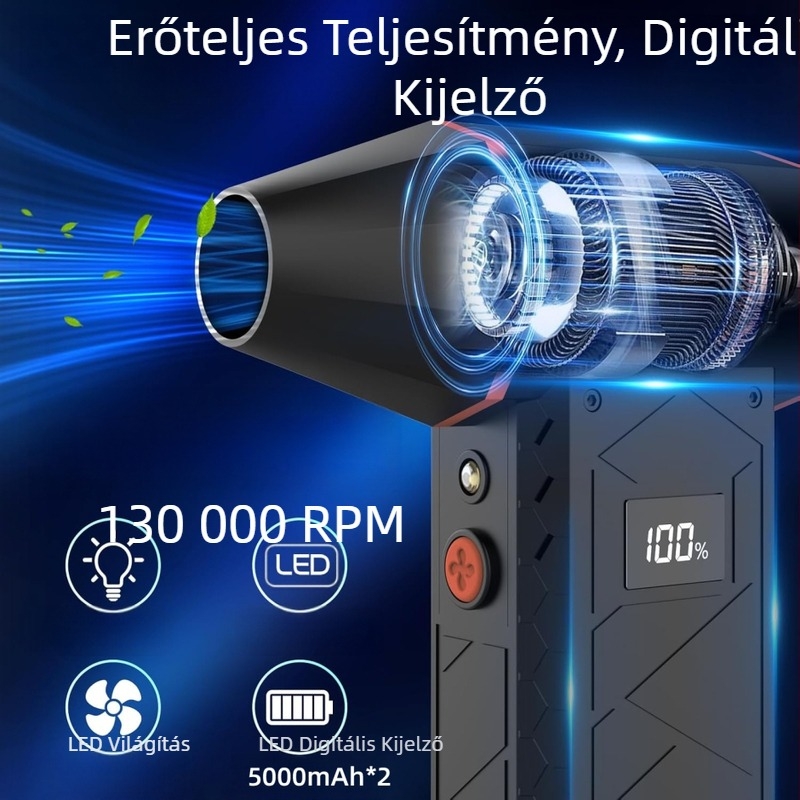 Kézben tartható elektromos turbóventilátor brushless motorral, 6 lapáttal, Li-Po akkumulátor 6000mAh, 4 sebességfokozat, por eltávolítása