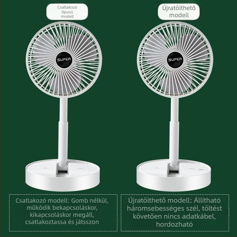 Összecsukható mini USB asztali ventilátor, 3 lapát, brushless motor, beépített újratölthető akkumulátor, halk működés