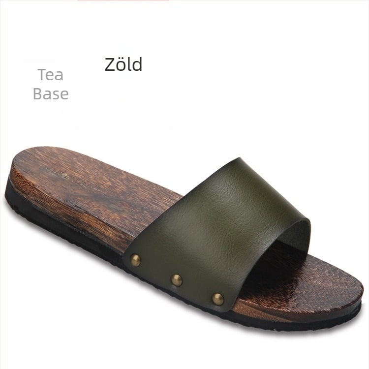 Férfiaknak szánt slide szandálok mikroszálas bőr felsőrésszel, fa talppal, nyitott hátsó résszel