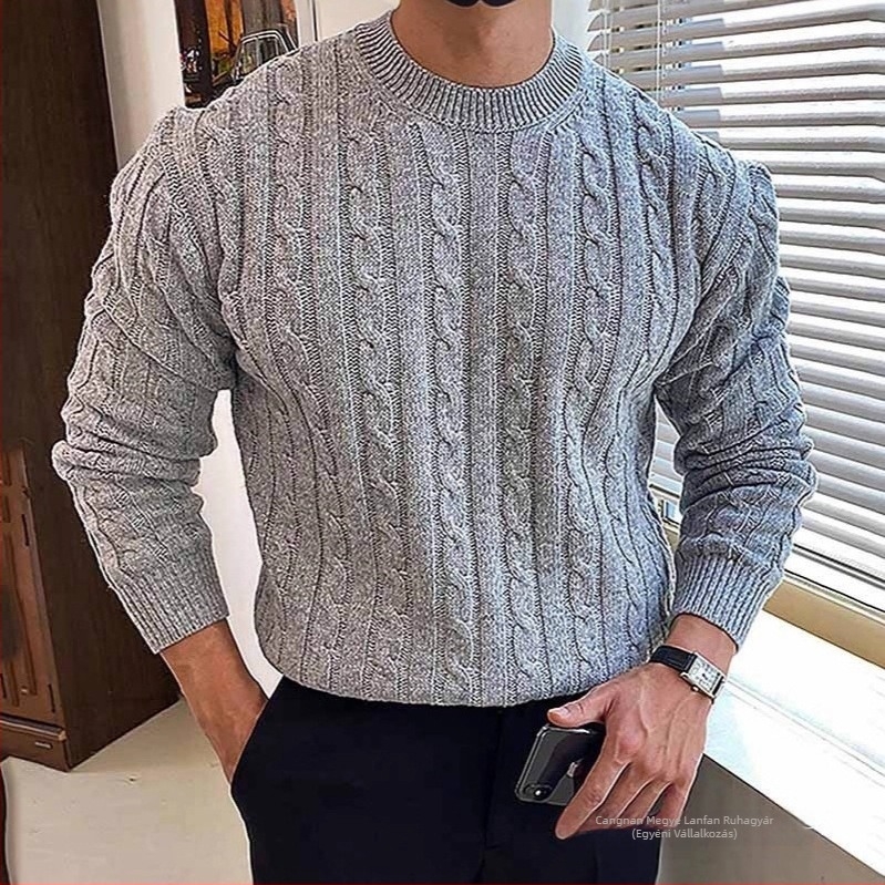 Férfi őszi-téli vast pulóver csavart kötés, fél magas gallér, casual fazon, laza szabás
