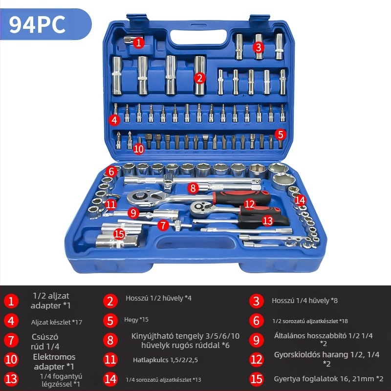 Autójavító szerszámkészlet L1639 – Szénacél, 108 darabos készlet a szerszámos dobozban