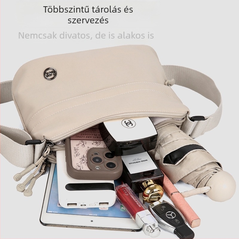 Nylon keresztpántos válltáska, városi minimalist stílus, kis négyzetes forma, cipzáras zárás, poliészter belső, belső cipzáras rekeszek