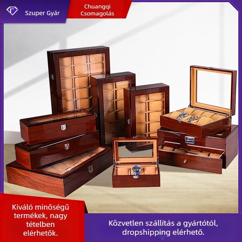 Fából készült óratartó doboz, több rekesszel, kiállítási célú