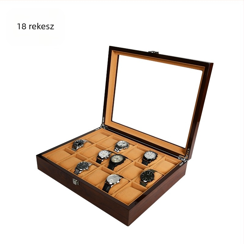 Fából készült óratartó doboz, több rekesszel, kiállítási célú