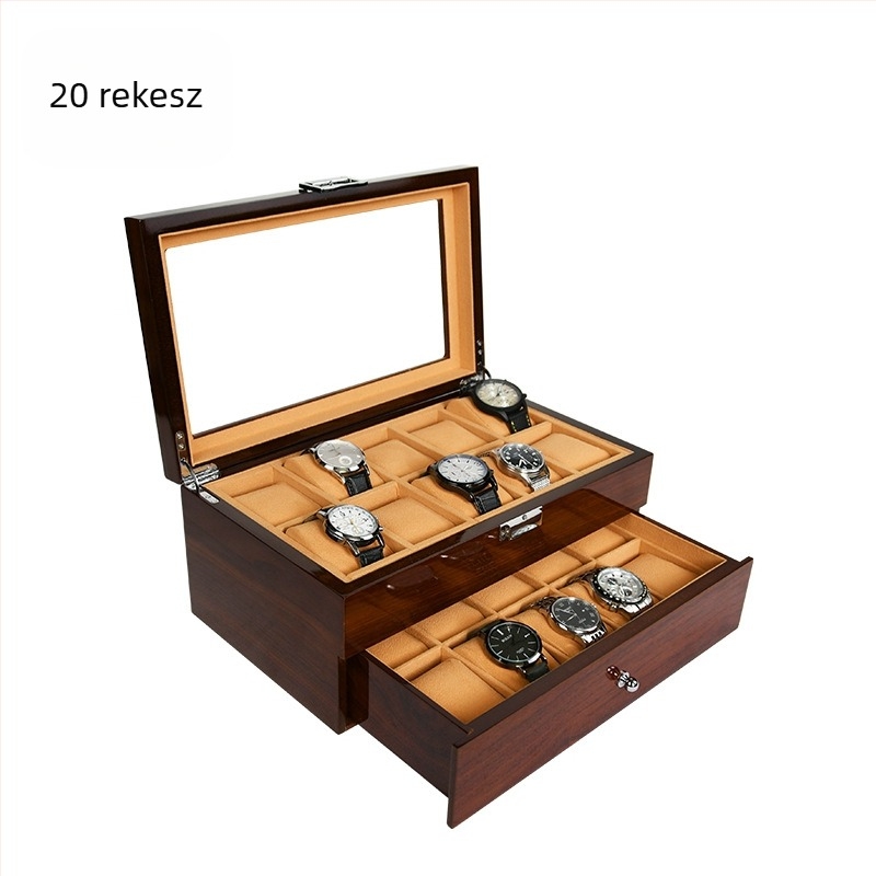 Fából készült óratartó doboz, több rekesszel, kiállítási célú