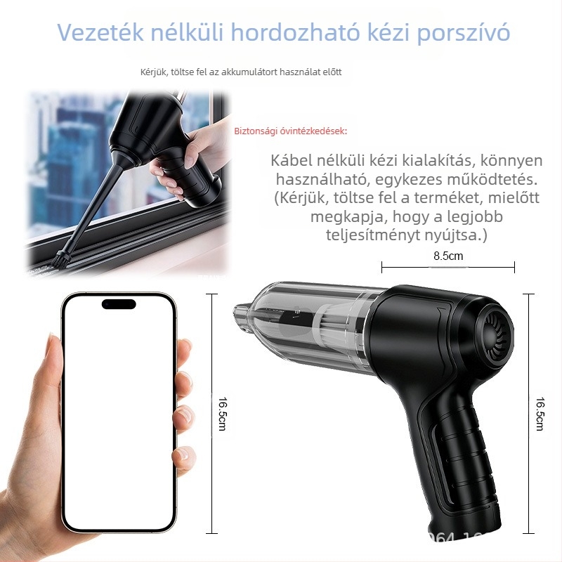 Vezeték nélküli kézi porszívó autóhoz és otthonhoz, 50W, feszültség ≤36V, beépített akkumulátor 1001–1600 mAh, porgyűjtő tartály, működési idő 0–1 óra