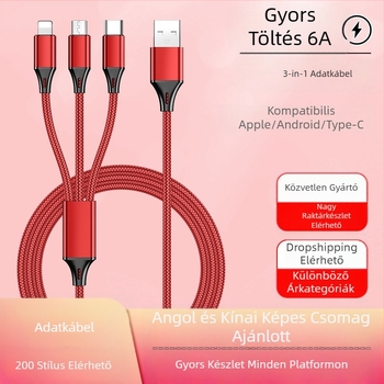 Dingrui Nylon Szövött 3-in-1 Töltőkábel, Lightning, Micro USB, USB-C, 1,2 m, Gyors töltés