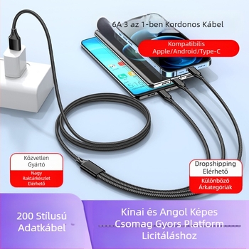Dingrui Nylon Szövött 3-in-1 Töltőkábel, Lightning, Micro USB, USB-C, 1,2 m, Gyors töltés