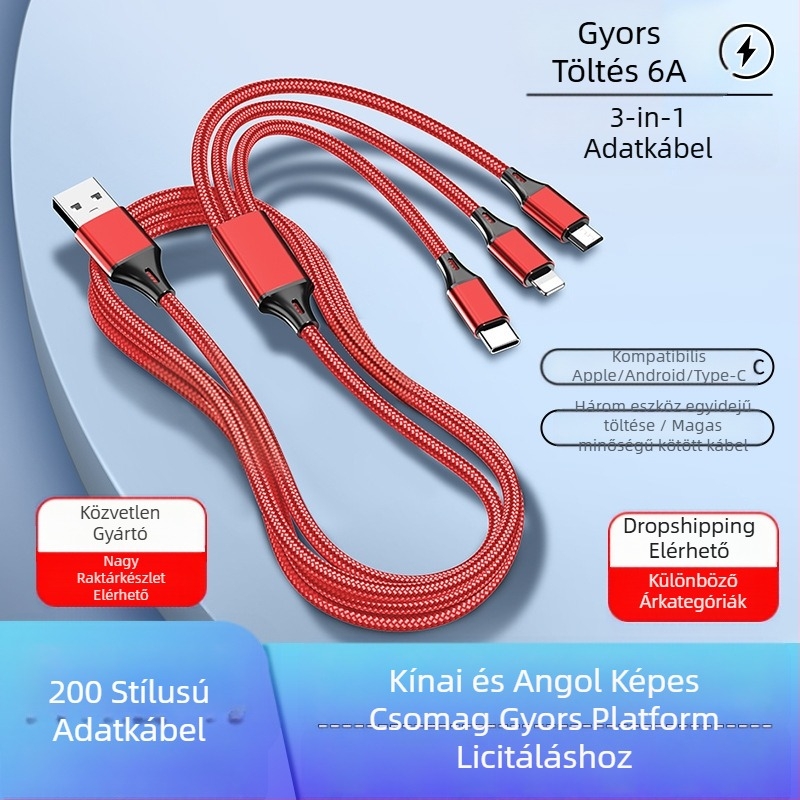 Dingrui Nylon Szövött 3-in-1 Töltőkábel, Lightning, Micro USB, USB-C, 1,2 m, Gyors töltés