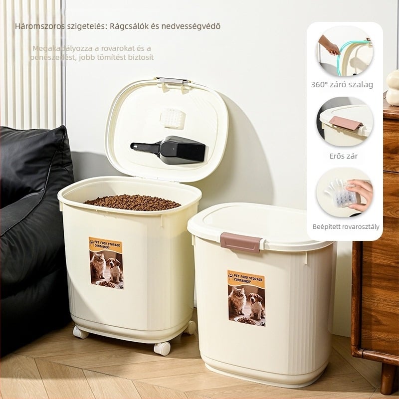 Állateledel-tároló – tömören záródó, nedvesség- és rovarálló, 45L PP anyagból, macska- és kutyaeledelhez