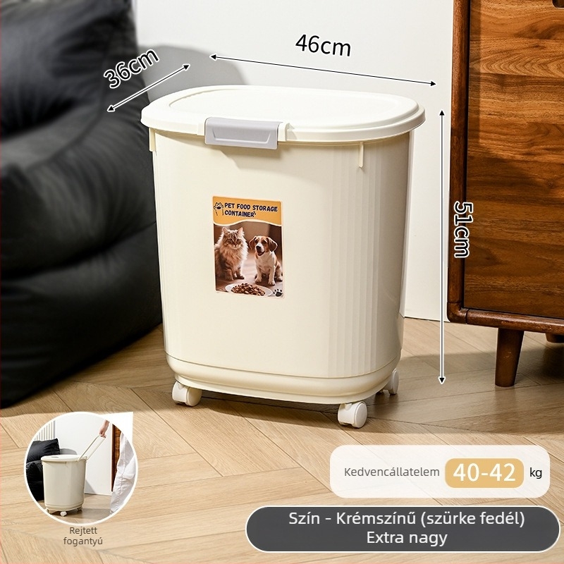 Állateledel-tároló – tömören záródó, nedvesség- és rovarálló, 45L PP anyagból, macska- és kutyaeledelhez