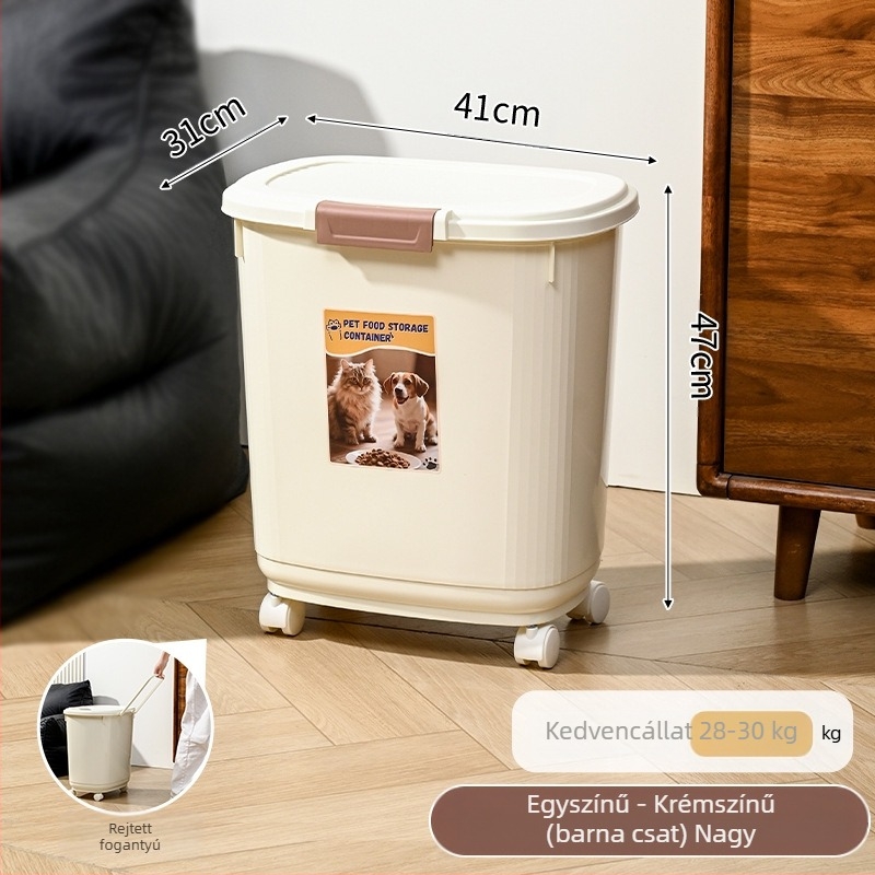 Állateledel-tároló – tömören záródó, nedvesség- és rovarálló, 45L PP anyagból, macska- és kutyaeledelhez