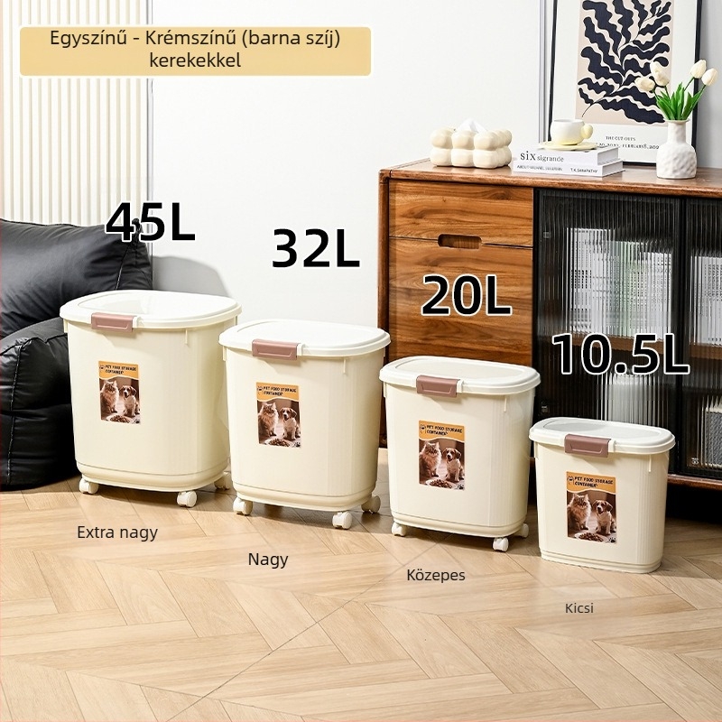Állateledel-tároló – tömören záródó, nedvesség- és rovarálló, 45L PP anyagból, macska- és kutyaeledelhez