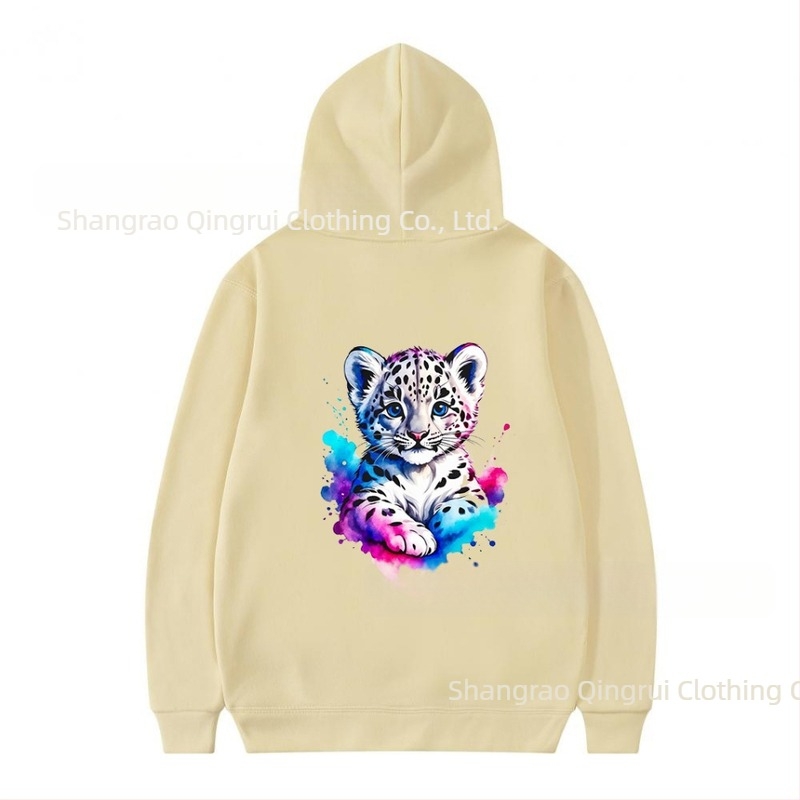 Poliészter kapucnis pulóver fleece béléssel, leopard mintás, lazább szabás, hosszú ujjú