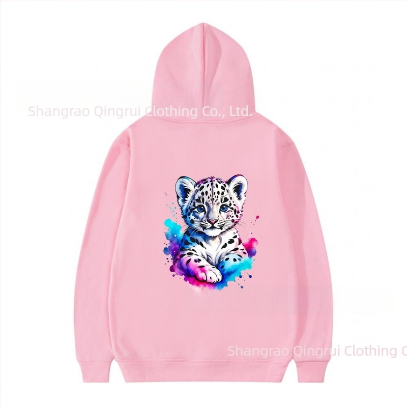 Poliészter kapucnis pulóver fleece béléssel, leopard mintás, lazább szabás, hosszú ujjú